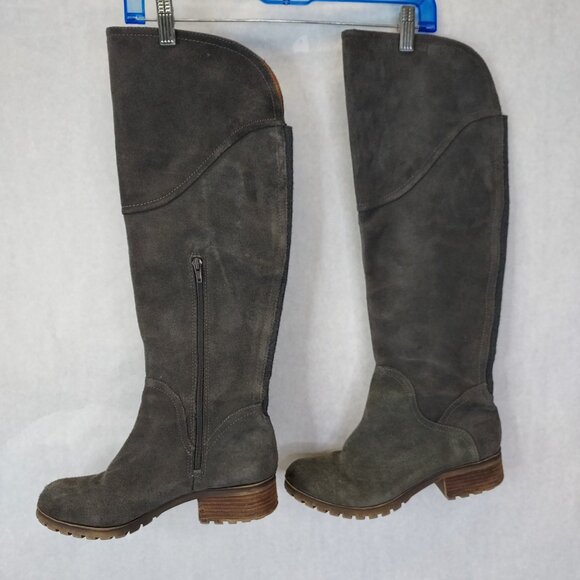 Lucky Brand Heeled Boot Women 10 Harleen Over the Knee Grey Suede Riding Stretch - Picture 3 of 16